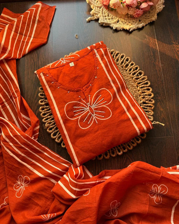 KUSHA RUST ORANGE PREMIUM BUTTERFLY HANDWORK COTTON SUIT
