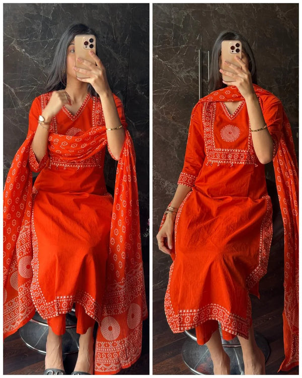 RADHIKA BRIGHT ORANGE PREMIUM COTTON BANDHEJ SUIT