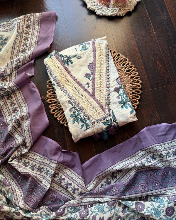RUHANI PURPLE PURE COTTON ANARKALI FLORAL SUIT SET