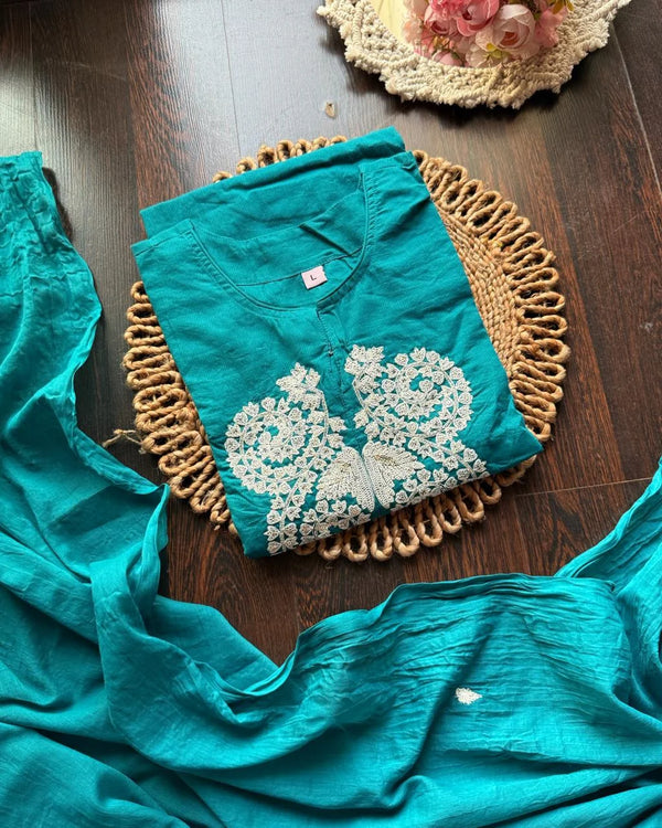 BAHAR TEAL BLUE PURE COTTON EMBROIDERED SUIT SET
