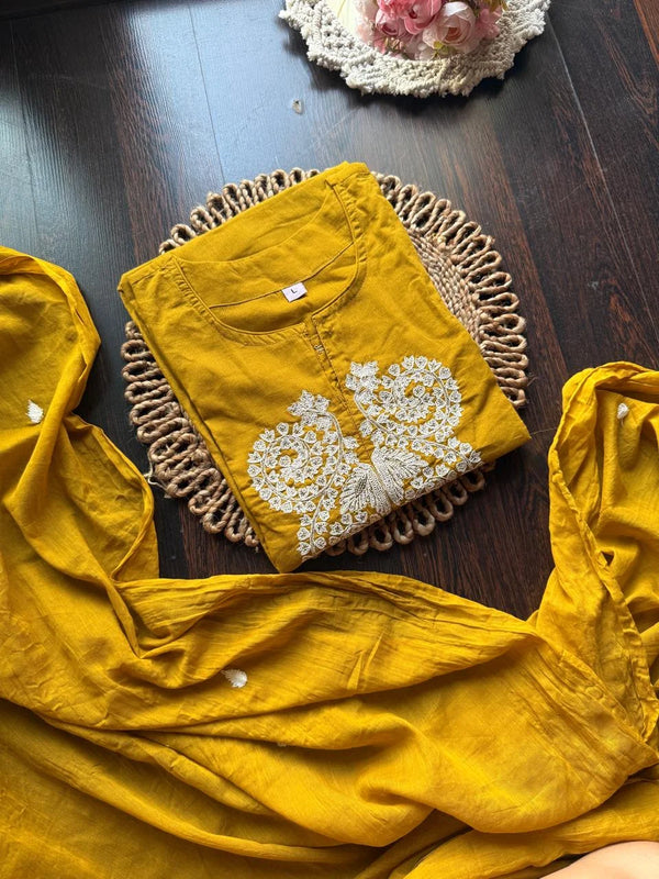 BAHAR MUSTARD PURE COTTON EMBROIDERED SUIT SET