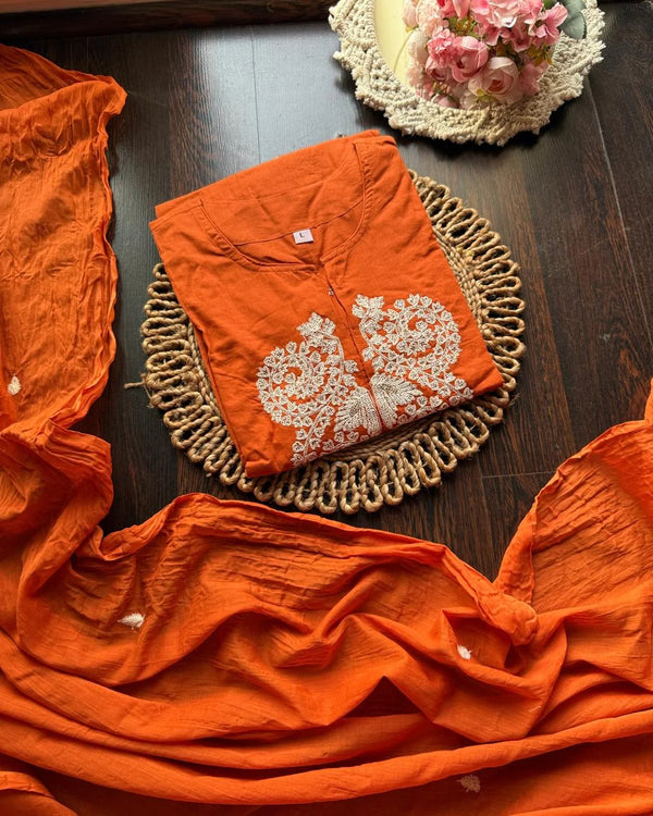 BAHAR ORANGE PURE COTTON EMBROIDERED SUIT SET