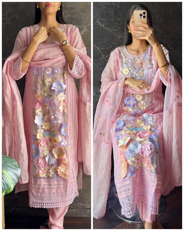URVASHI PEACH 3D FLOWER LINEN SUIT SET