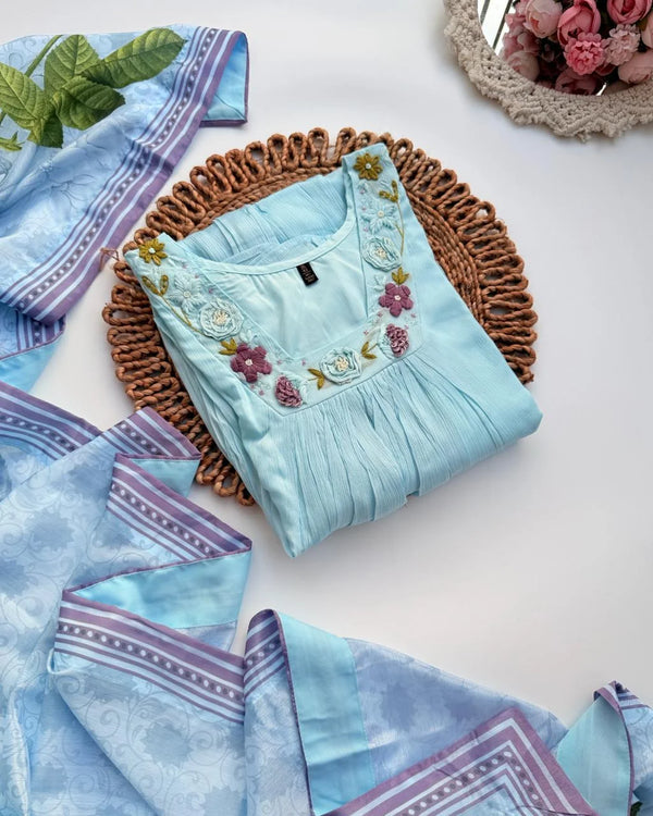 TRISHA SKY BLUE PREMIUM CHINNON A-LINE SUIT