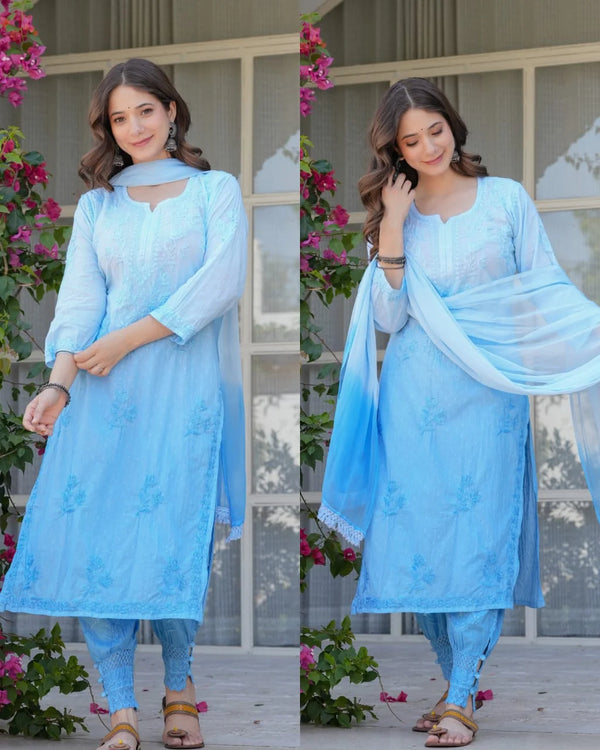 SAKSHI SKY BLUE PREMIUM HANDWORK CHIKANKARI AFGHANI SUIT