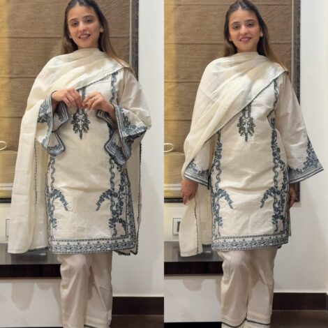 ZAIMA OFF WHITE & GREY COTTON EMBROIDERED PAKISTANI SUIT SET