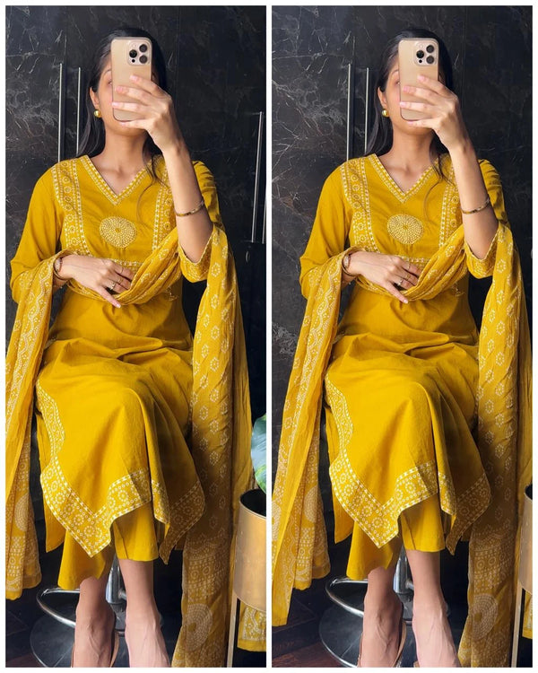 MANYA MUSTARD PURE COTTON BANDHEJ SUIT SET