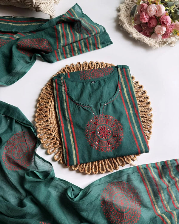 SAHEBA DARK GREEN PREMIUM COTTON STRAIGHT FIT SUIT SET