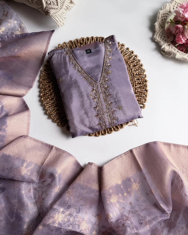 SIMRAN LAVENDER PURE GLASS TISSUE HANDWORK  SUIT