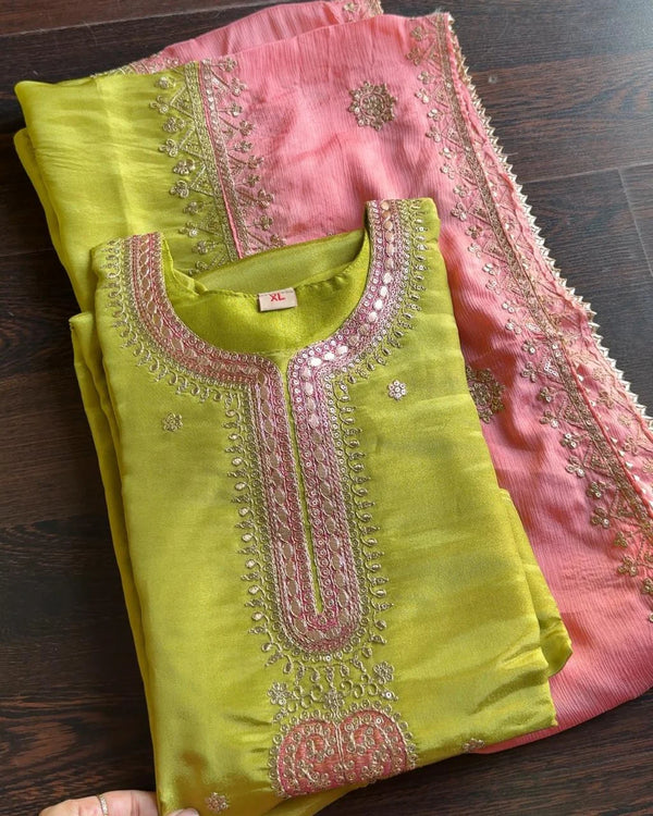 FALAK GREEN PURE TISSUE SILK SUIT SET