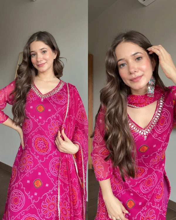 MANNAT PINK STRAIGHT FIT BANDHEJ  GOTTA DETAILING SUIT SET
