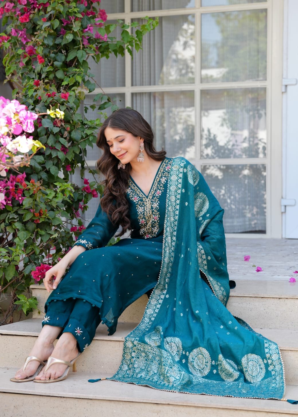 NAZNEEN RAMA GREEN PURE DOLA SILK HANDWORK SUIT SET