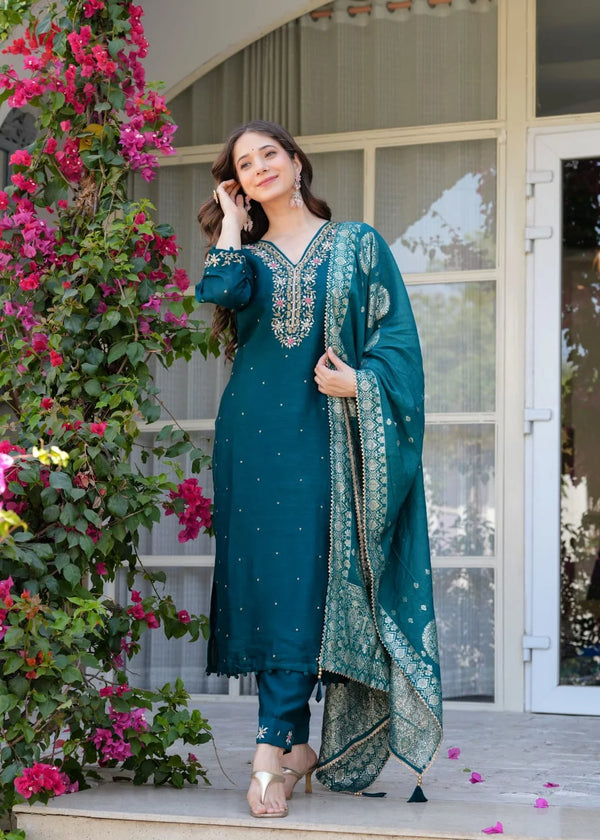NAZNEEN RAMA GREEN PURE DOLA SILK HANDWORK SUIT SET