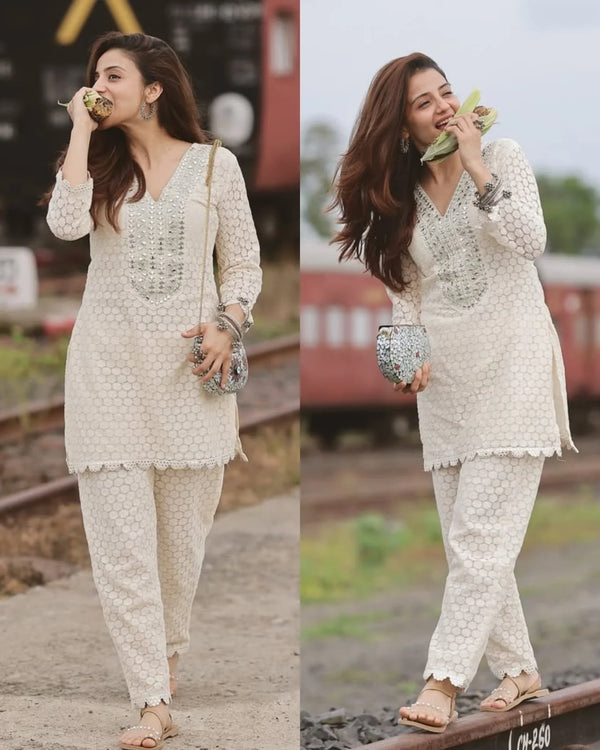 ANEEZ OFF WHITE PREMIUM CROCHET CO-ORD SET