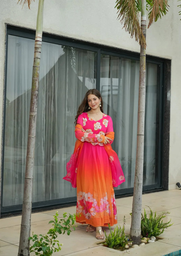 GULNAAZ ORANGE CHIFFON VISCOSE ANARKALI SUIT SET