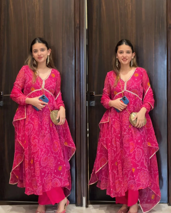 SAUMYA PINK PREMIUM CHIFFON ALIA CUT BANDHEJ SUIT SET