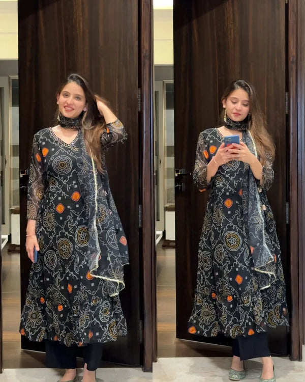 GUNJAN BLACK PREMIUM CHIFFON BANDHEJ V NECK HANDWORK SUIT SET