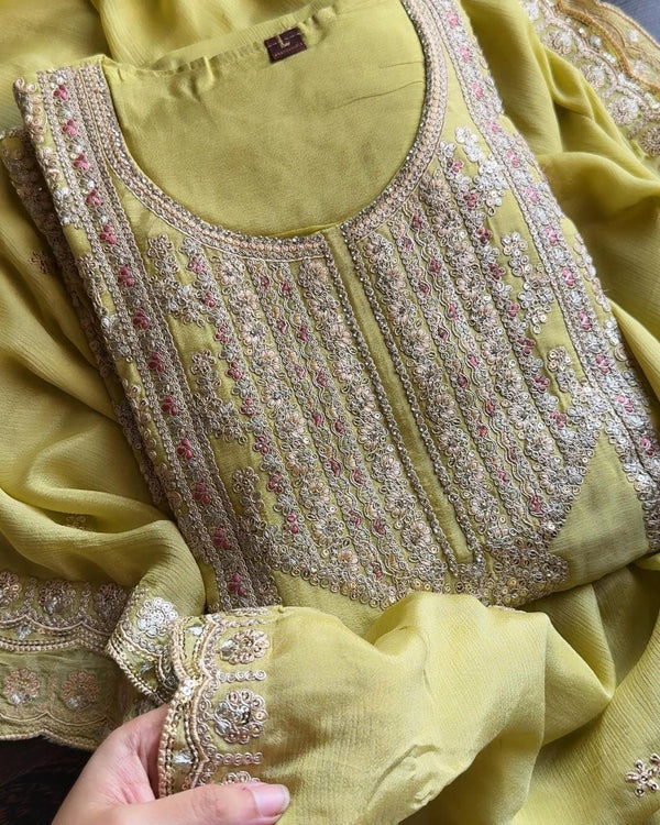 ESHANI LIME PREMIUM CHINNON PAKISTANI EMBROIDERED SUIT SET