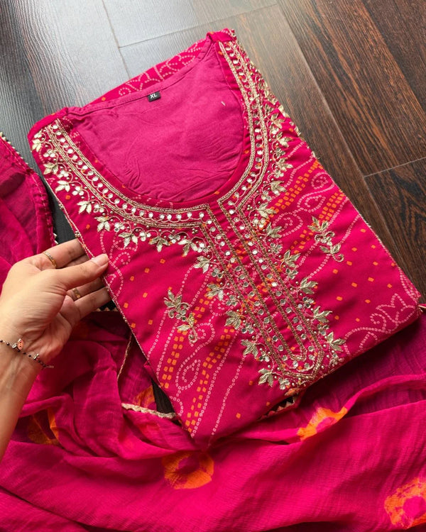 AASHNA PINK PREMIUM CHIFFON BANDHEJ FIT SUIT SET