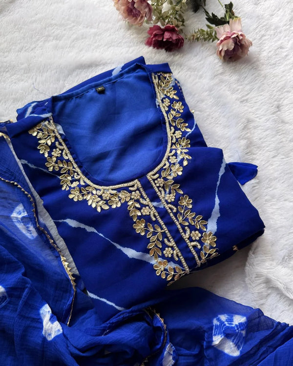 NAZREEN ROYAL BLUE BANDHEJ HANDWORK SUIT SET