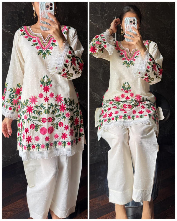 FARIA IVORY AARI EMBROIDERED COTTON FARSI CO-ORD SET