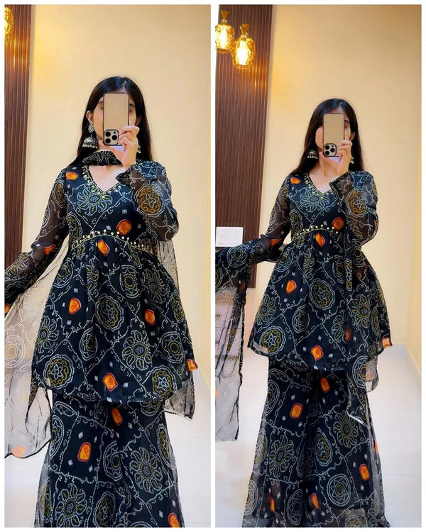 SIYAHI BLACK PREMIUM BANDHEJ CHIFFON SHARARA SET