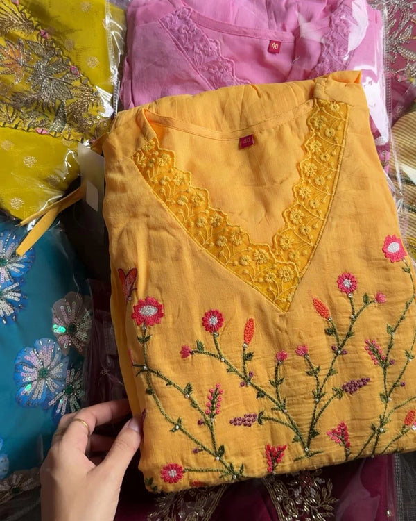 KASHNI MANGO YELLOW MUL COTTON EMBROIDERED SUIT