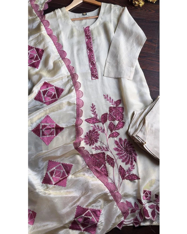 MAHNOOR MAUVE TISSUE HAND EMBROIDERED SUIT SET