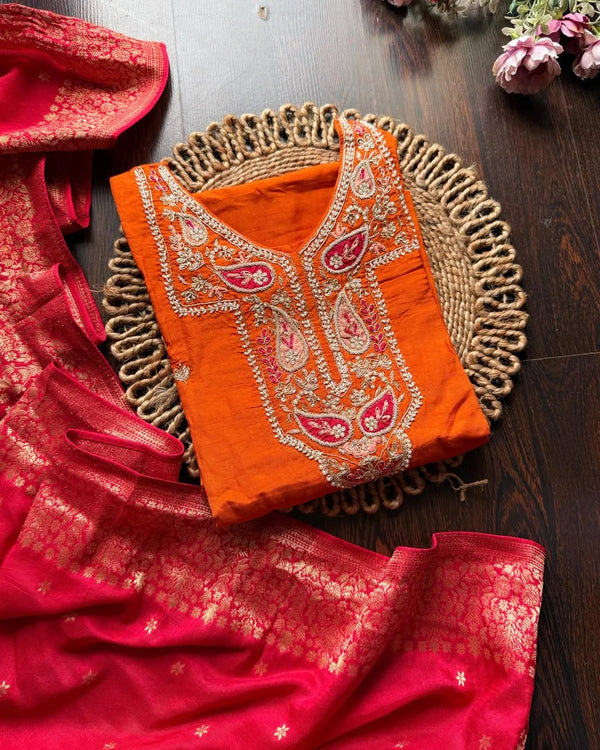 MIRAYA ORANGE PURE DOLA SILK HANDWORK SUIT SET