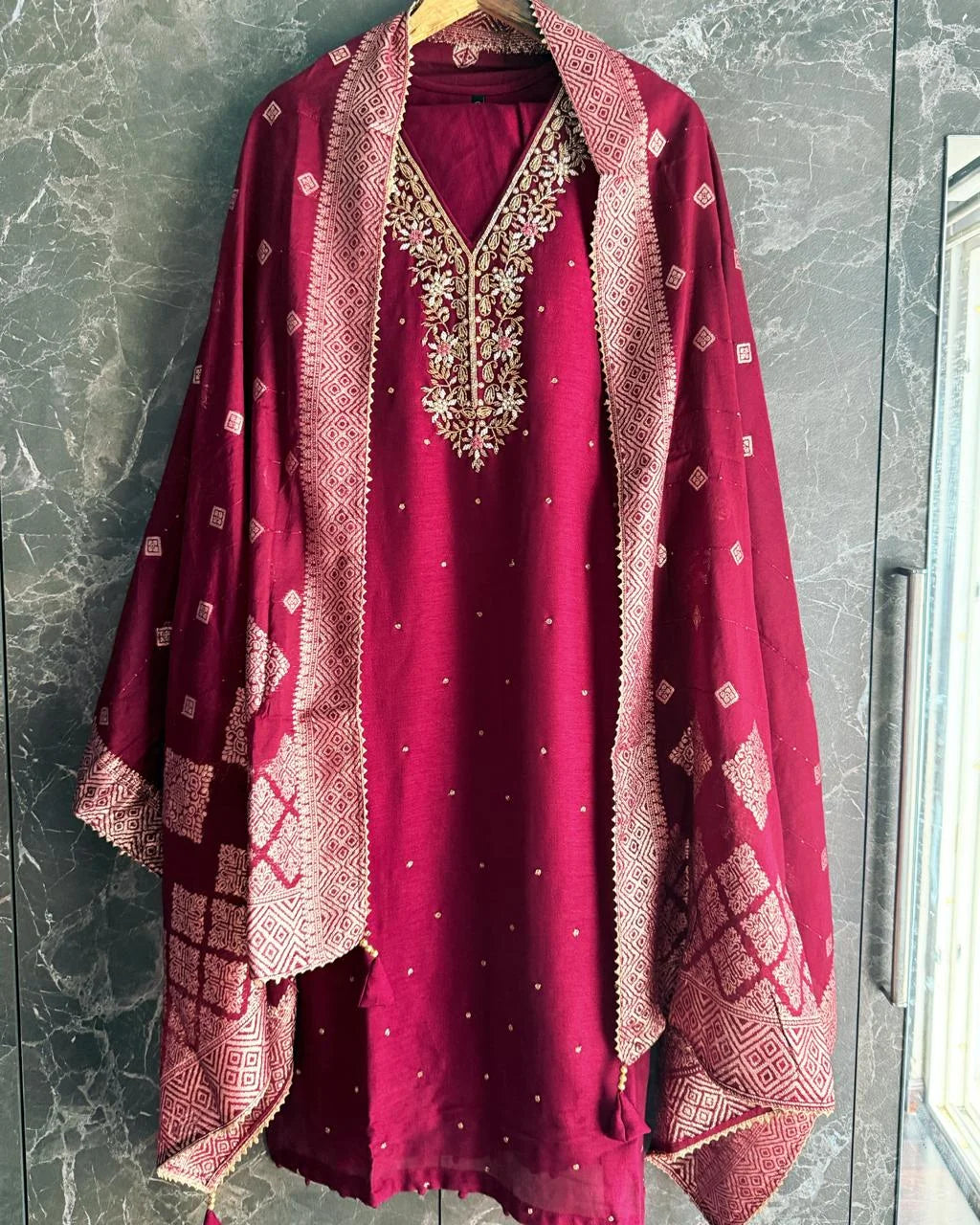 NAZNEEN DARK CHERRY PURE DOLA SILK HANDWORK SUIT SET