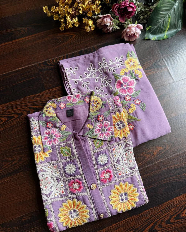 RADHYA LAVENDER PURE CHINON HAND WORK CO-ORD SET