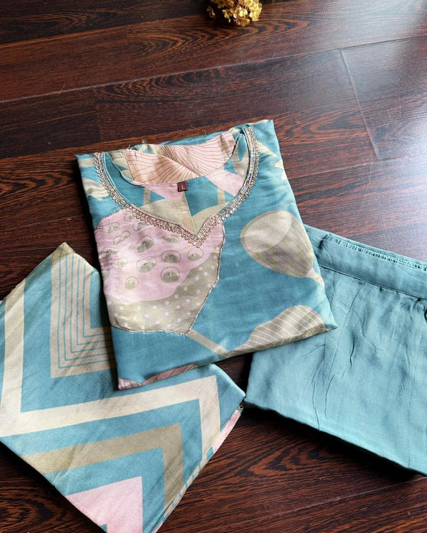 SAHAJ TEAL BLUE TISSUE SUIT SET