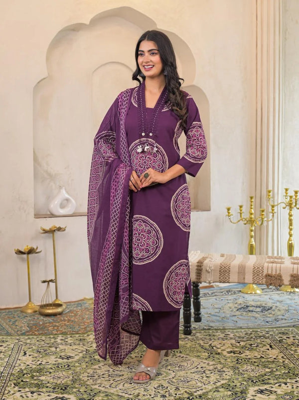 RIDDHI WINE PURE COTTON BANDHEJ SUIT SET