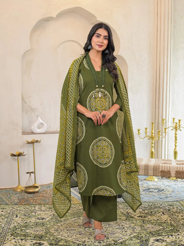 RIDDHI OLIVE GREEN PURE COTTON BANDHEJ SUIT SET