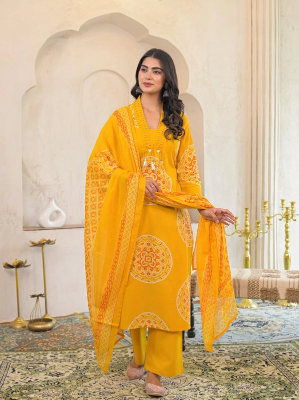 RIDDHI YELLOW PURE COTTON BANDHEJ SUIT SET