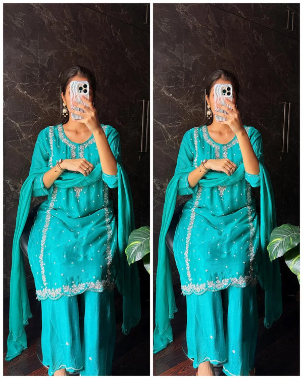 PRIYASI TEAL BLUE PURE CHINON HAND WORK SUIT SET