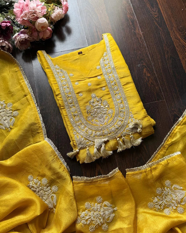 SONAL MUSTARD PREMIUM SHIMMER TISSUE SUIT