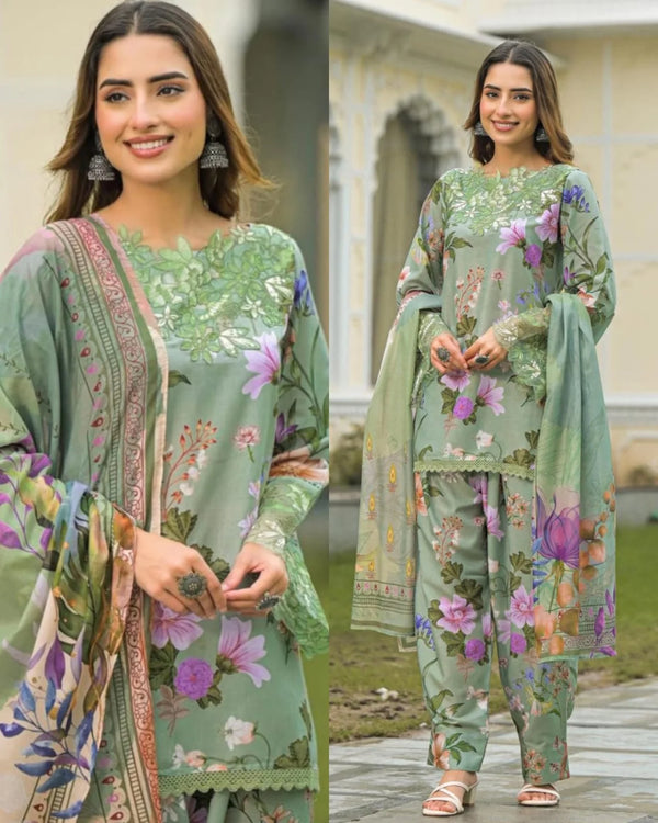 JASMINE GREEN SLUB COTTON FARSHI SALWAAR SUIT SET