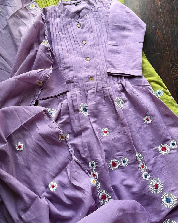 RIMJHIM LAVENDER PREMIUM MUL CHANDERI EMBROIDERED SUIT SET