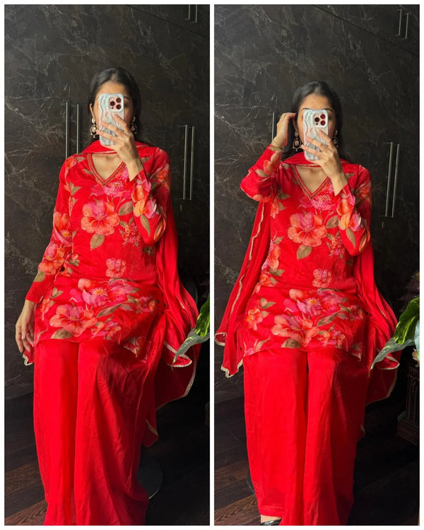 HAYAT RED PURE CREPE HANDWORK SHORT KURTA SET