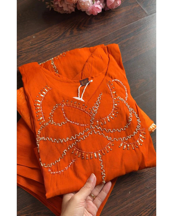 PRESHIKA ORANGE COTTON MUSLIN HANDWORK SUIT SET