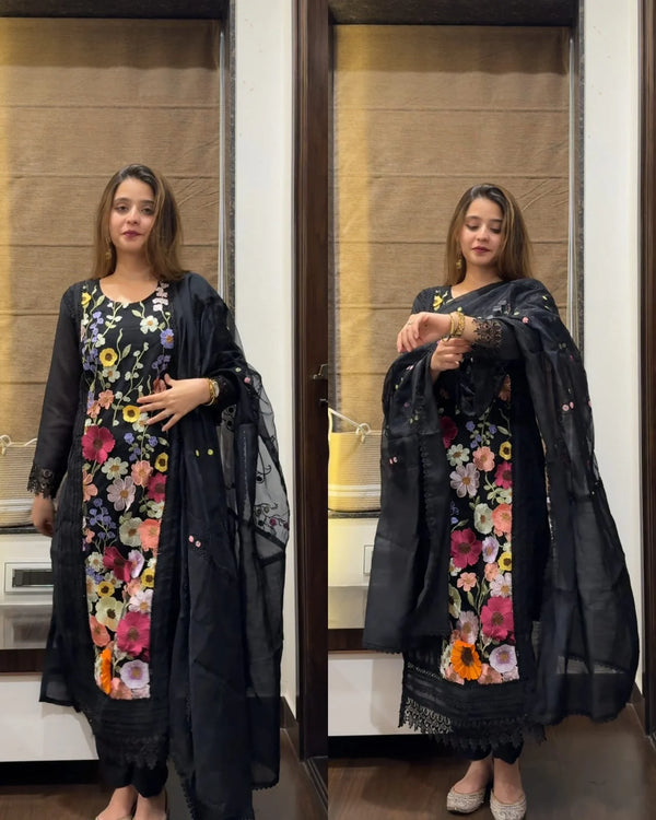 URVASHI BLACK 3D FLOWER LINEN SUIT SET