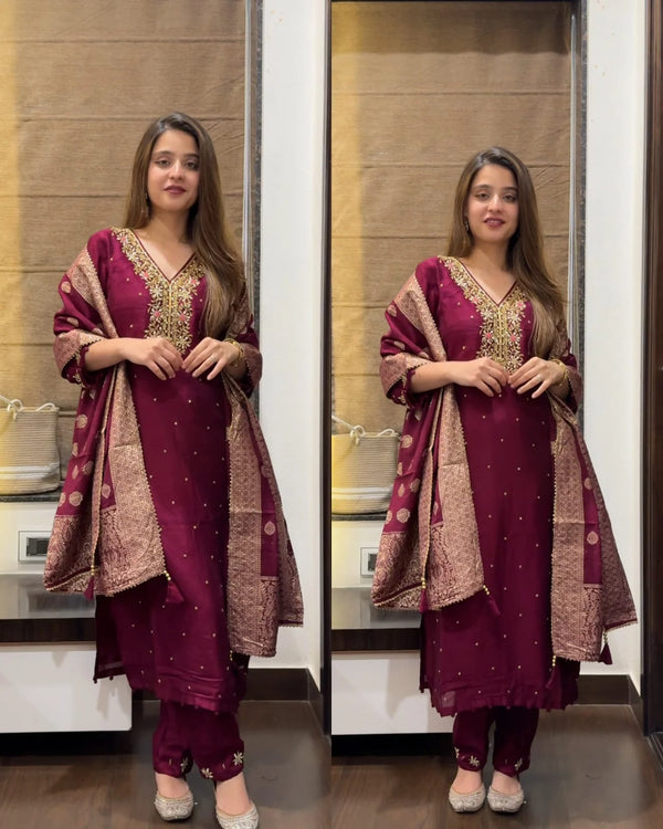 NAZNEEN WINE PURE DOLA SILK HANDWORK SUIT SET