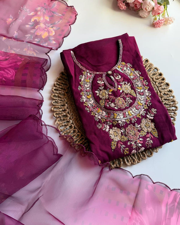 CHAAYA MAROON PREMIUM ROMAN SILK HANDWORK SUIT