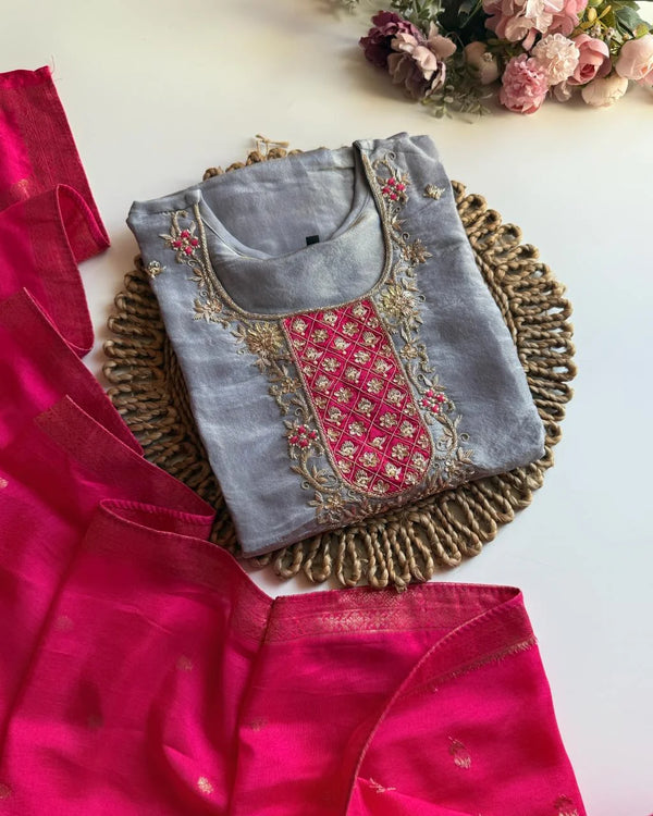 RISHIKA POWDER BLUE PREMIUM TISSUE HANDWORK  SUIT