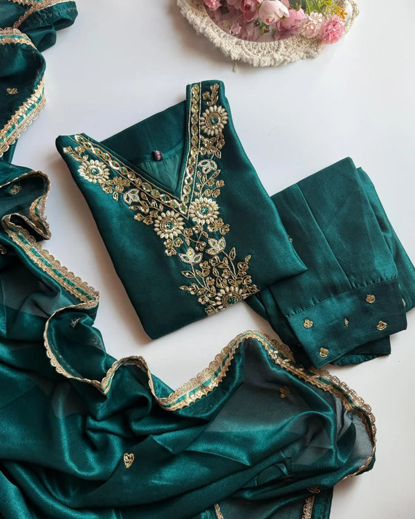 TAZNEEN RAMA GREEN PURE DOLA SILK HANDWORK SUIT SET
