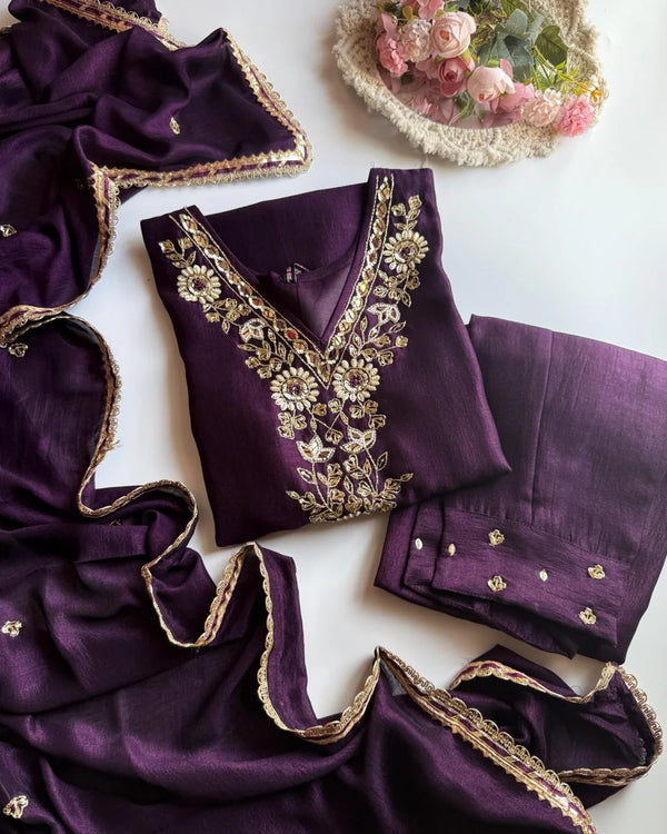 TAZNEEN DARK PURPLE PURE DOLA SILK HANDWORK SUIT SET