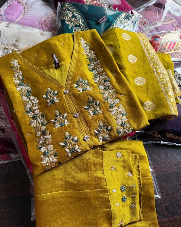 SAAZ GOLDEN MUSTARD PURE DOLA SILK HANDWORK SUIT SET