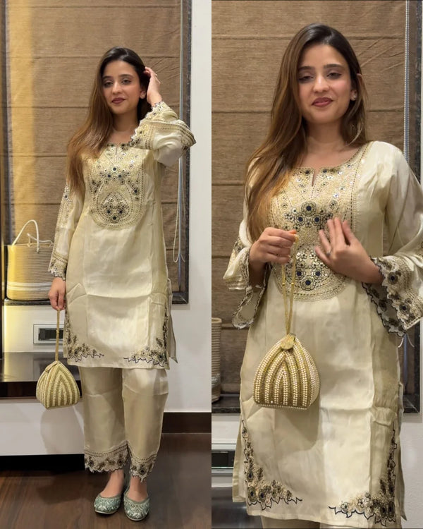 BLUE IVORY PREMIUM GLASS TISSUE HANDWORK CO-ORD SET