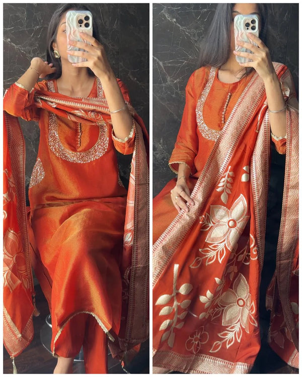 SUHANI RUST ORANGE PREMIUM SHIMMER TISSUE POCKET FIT SUIT